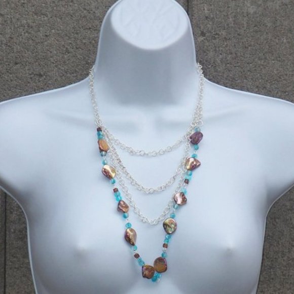 Handmade Shell Statement Necklace with Blue Glass Beads and Multi Strand Chains - Picture 12 of 15